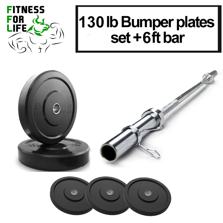Load image into Gallery viewer, 130 Lb Bumper Plates set with 6 ft bar
