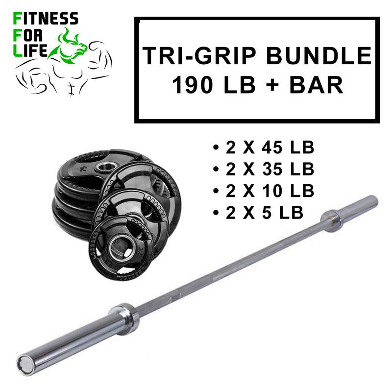 Load image into Gallery viewer, 190 lb Rubber Plates Tri Grip Bundle + bar
