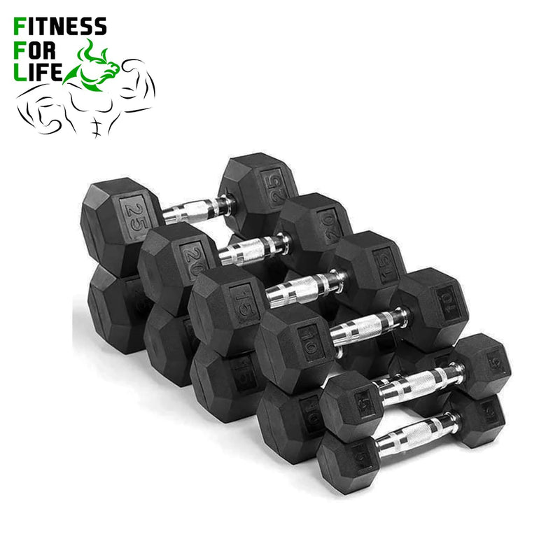 Load image into Gallery viewer, HEX Rubber Dumbbells 5-100 Bundle + Rack
