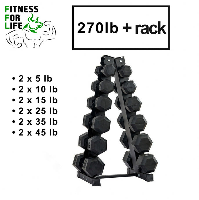 270 lb HEX Dumbbells set + Rack (*** 5 lb, 45 lb Back Order, Jan 15. *** )