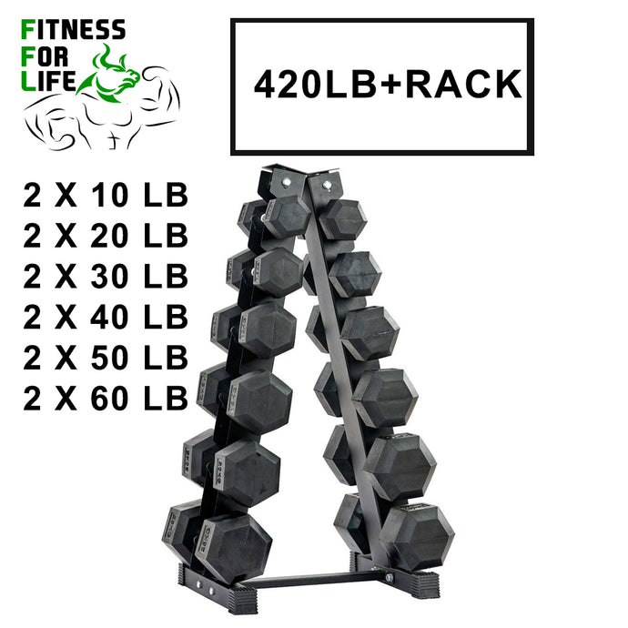 420 lb HEX Dumbbells set + Rack