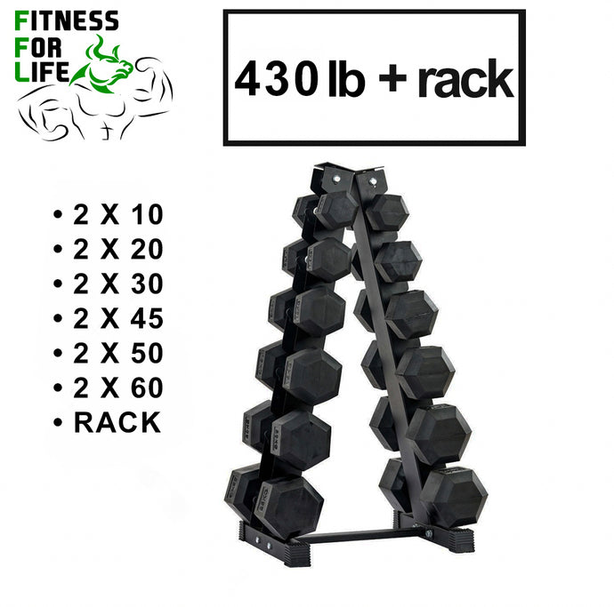 430 lb HEX Dumbbells set + Rack ***(45 lb Back-Order 15 Jan )***