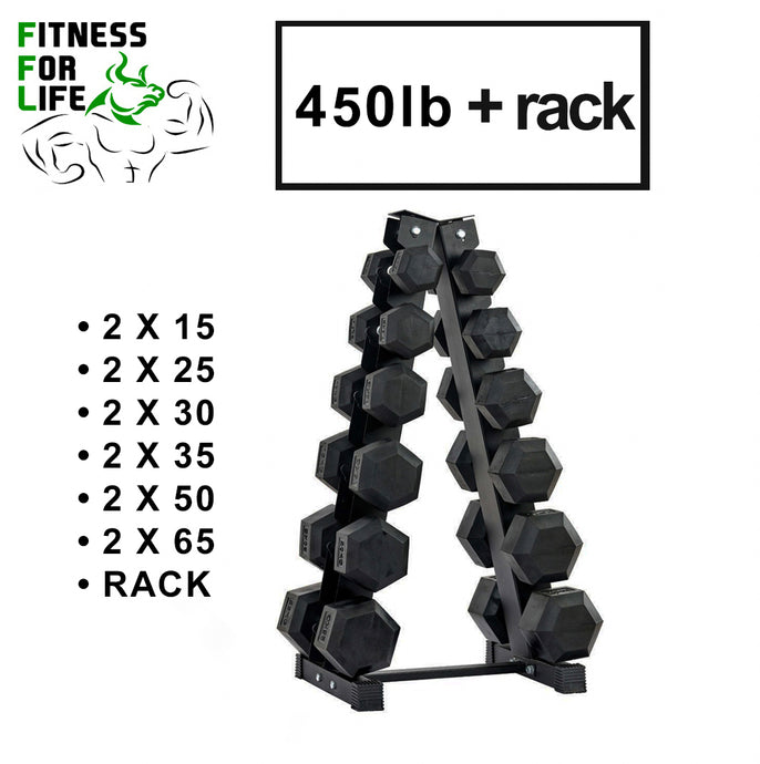 440 lb HEX Dumbbells set + Rack