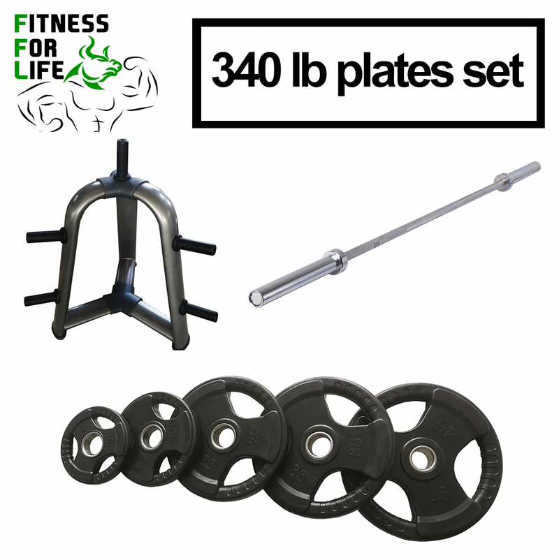 Load image into Gallery viewer, 340 lb Tri Grip Weight Plates Set + Bar + Rack
