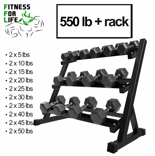 550 lb HEX Dumbbells Set + Rack