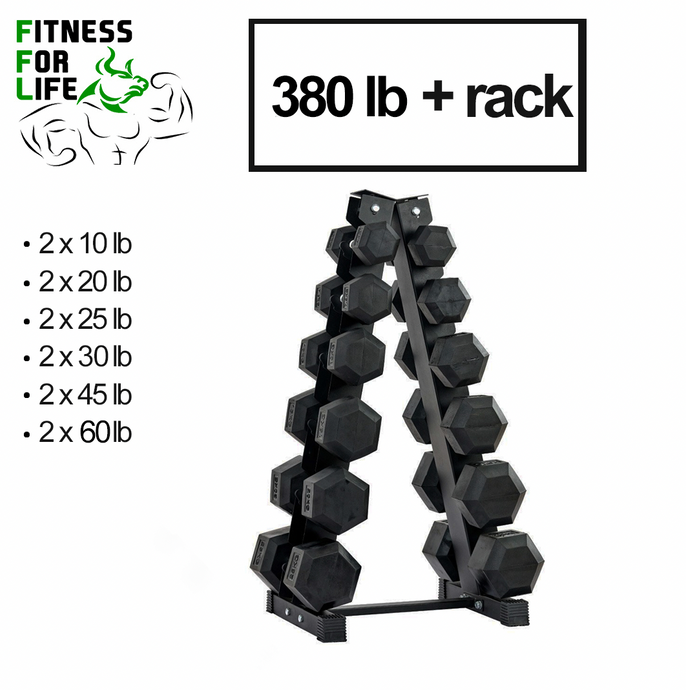 380 lb HEX dumbbells set + rack ***(45-60 lb Back Order)***