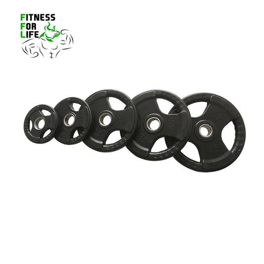 340 lb Tri Grip Weight Plates Set + Bar + Rack
